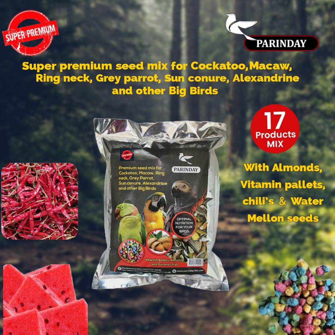 Super Premium Seed mix for Big Parrots (WITH RED CHILLIES, VITAMIN PALLETS AND ALMONDS)