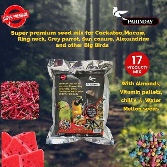 Super Premium Seed mix for Big Parrots (WITH RED CHILLIES, VITAMIN PALLETS AND ALMONDS)